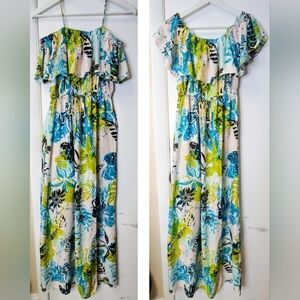 ATMOSPHERE Tropical Floral Off shoulder Cinched Tie Waist Maxi Dress Size 6